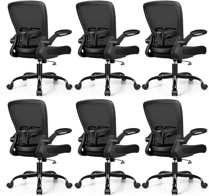 Ergonomic Office Chair 2026 - Mesh Desk Chair with Flip-up Armrests, Adjustable Height and Lumbar, 360° Swivel Comfortable Computer Chairs for Home, Conference Room, Reception, 350lbs, 6 Pack