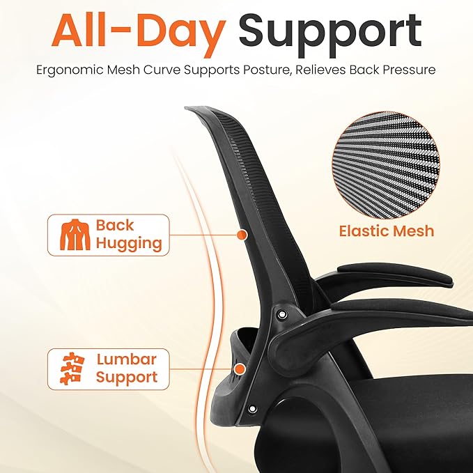 NEO Chair Office Chair Gaming Desk Computer Mesh Ergonomic Chair with Flip-up Arms Comfy Lumbar Support Adjustable Height Rolling Wheels Chair for Home Office (Black)