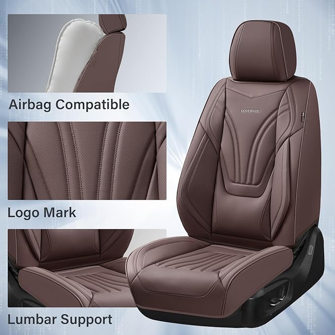 Coverado Car Seat Covers Full Set, 5 Piece Car Seat Protector with Lumbar Support & Removable Headrest, Breathable Leather Front Rear Seat Cushion Universal Fit for Truck Automotive Brown