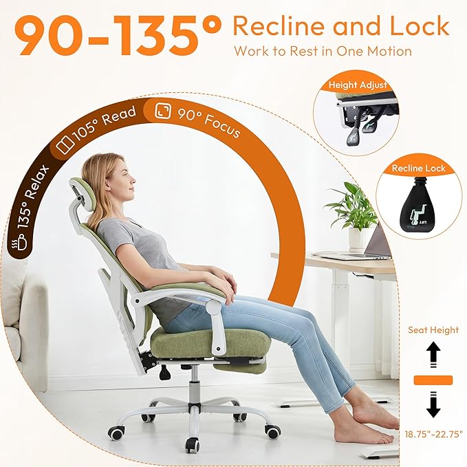 Home Office Desk Chair, Comfortable Mesh Computer Chair with Foot Rest, Reclining Gaming Chair with Headrest and Lumbar Support, 90°-130° Reclining, Green
