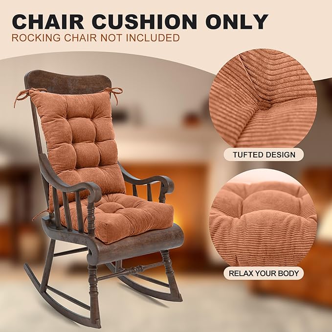Lokex Rocking Chair Cushion Only,Tufted Non-Slip Comfortable Rocking Chair Cushions Indoor with Ties,Striped Rocking Chair Pads (Brown-S2064-6, 21x17/17x17)