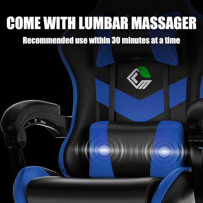 Czlolo Gaming Chair with Footrest Racing Style Lumbar Support Massager Video Game Chair with Metal Legs, High Back Gamer Chair with Headrest, 360° Swivel Office Computer Desk Chair, Bright Blue