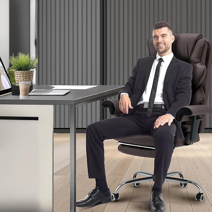 HOMREST 6-Point Massage Executive Chair,Heat Office Chair,Ergonomic Home Office Desk Chairs with Retractable Footrest and Reclining Function,Leather Computer Chair with Adjustable Armrest(‌Brown)