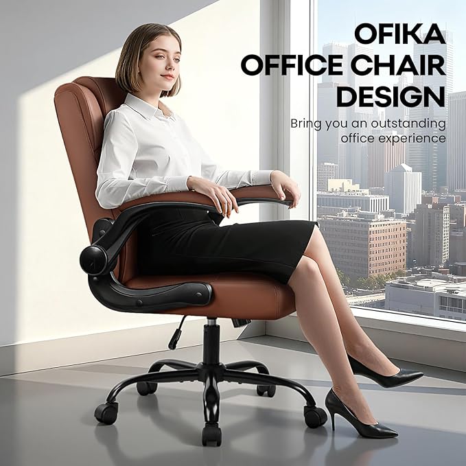 OFIKA Leather Office Desk Chair,Ergonomic Office Chair with Lumbar Support,Computer Chair,Executive Leather Chair with Padded Flip-up Arm,Adjustable Armrests, Brown,275LBS