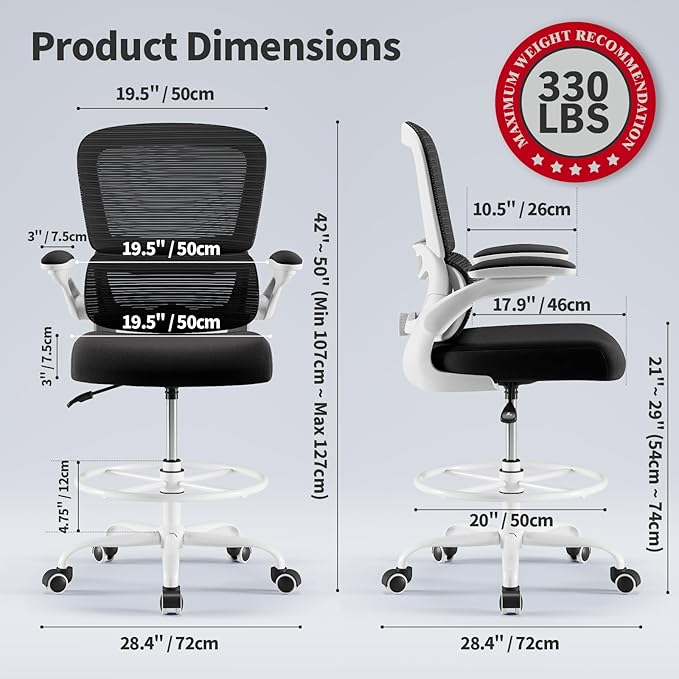 TRALT Drafting Chair - Tall Office Chair with Adjustable Footrest Ring and Lumbar Support Ergonomic Tall Desk Chair - Mesh Stangding Desk Chair with Flip-Up Armrests for Home and Work (Black White)