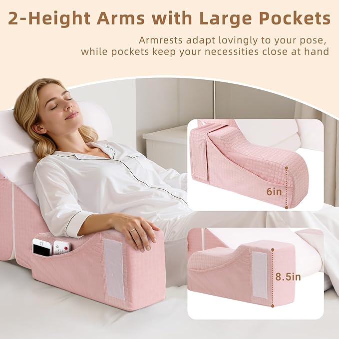 5PCS Reading Pillow for Sitting in Bed Adult, 2 in 1 Foldable Back Wedge Pillow for Sleep, Ergonomic Back Support Pillow with Arms for Watching TV, Gaming, Working, Recovery, 19” Pink