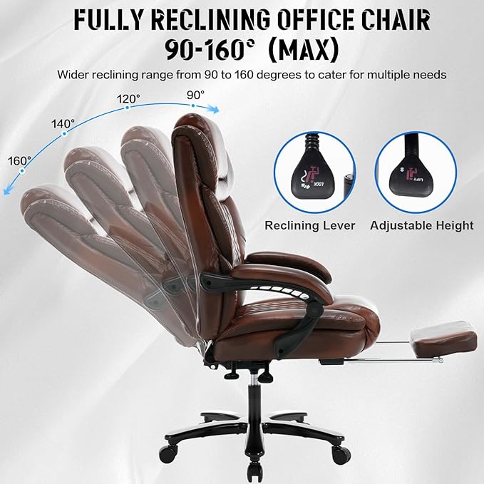 Big and Tall Recliner Office Chair with Footrest, Wide Seat Heavy Duty Reclining Office Desk Chair for 500lbs Heavy People, Black Brown
