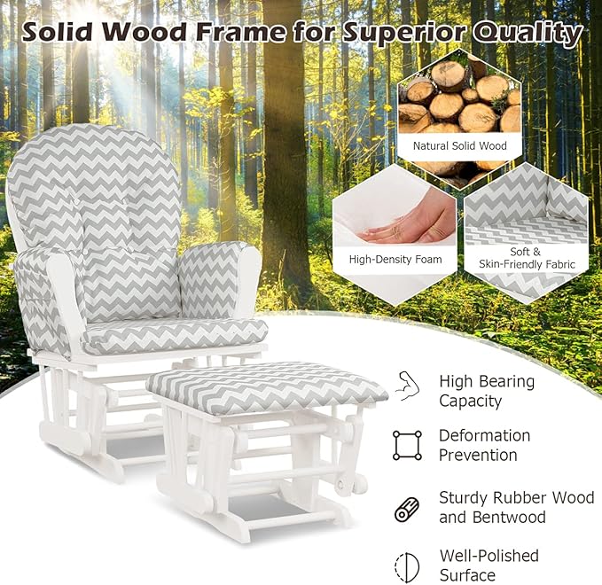 Costzon Nursery Glider with Ottoman, Upholstered Comfort Glider Rocker with Padded Cushion, Storage Pocket, Solid Wood Base, Rocking Chair Nursery for Breastfeeding, Napping (Gray and White)