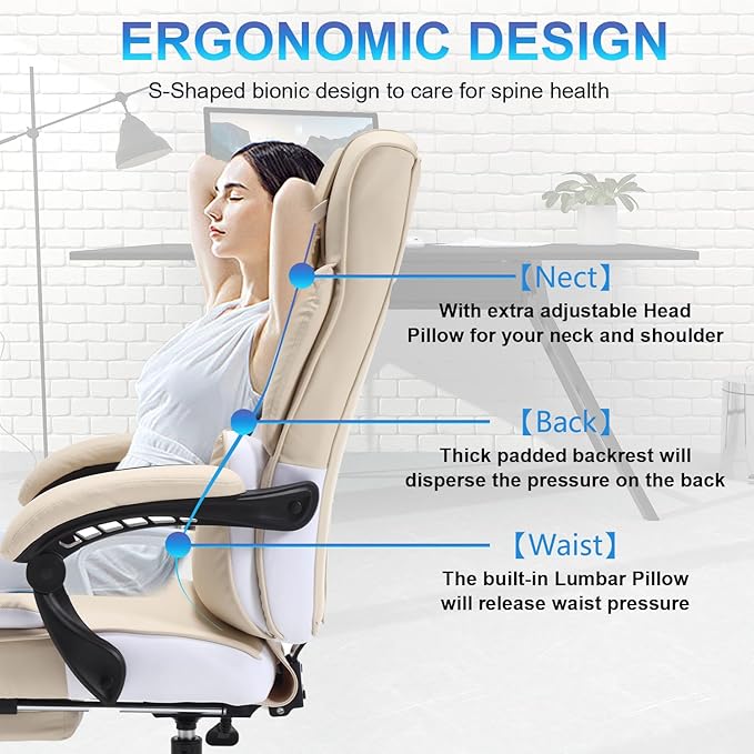 Fully Reclining Office Chair with Foot Rest, Ergonomic Executive Office Desk Chair with Lumbar Support and Headrest, 170° Reclining Recliner High Back Home Leather Computer Chair, Beige