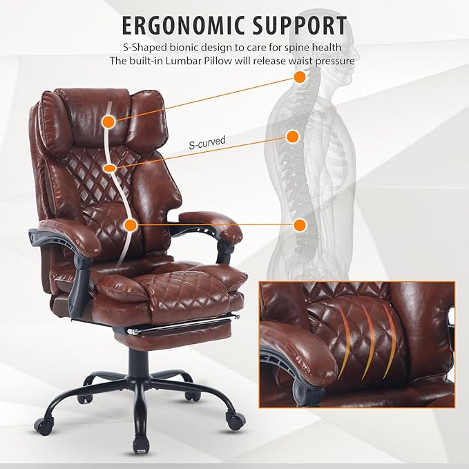 Big Tall Reclining Executive Office Chair with Footrest, 400lbs Ergonomic Recliner Desk Chairs with Lumbar Support, Heavy Duty High Back Vintage Leather Computer Chair with Wheels, Brown