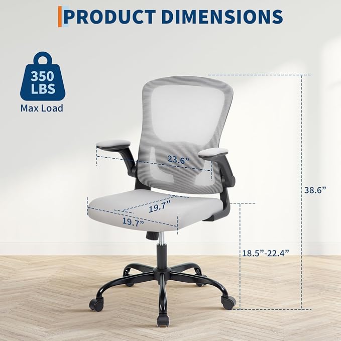 Premium Ergonomic High-Grey Mesh Office Chair - Adjustable Height, Flip-Up Armrests & Lumbar Support - Comfy Swivel Seat for Home, Gaming & Work - Black Net