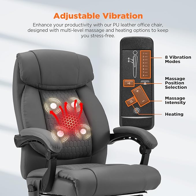 HOMREST Four-Points-Massage Executive Office Chair with Footrest,Reclining Massage Office Chair with Heated,Ergonomic Chair for Home Office Gray