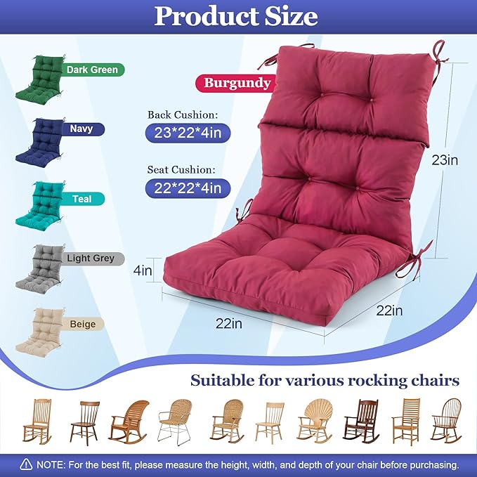 Rocking Chair Cushion, Waterproof and Fade-Resistant Adirondack Rocker Cushions, Indoor/Outdoor Rocking Chair Pads, High Back Memory Foam Patio Furniture Cushions with Ties, 44x23x4 Inch, Burgundy