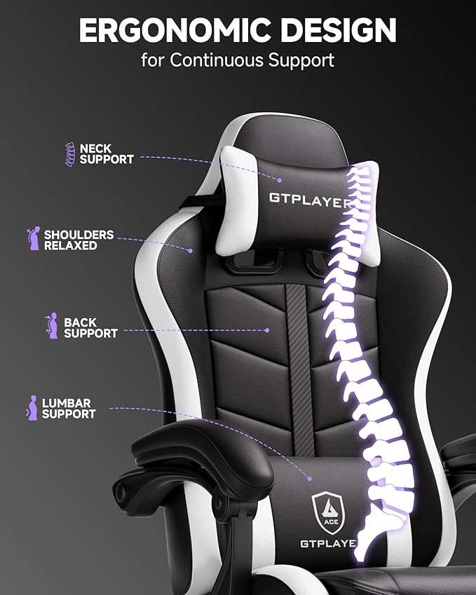 GTPLAYER Gaming Chair, Ergonomic Game Computer Chairs with Foot Rest for Adults, Adjustable PC Game Chair with Reclining Function and Comfortable Headrest for Home and Office Use (White)