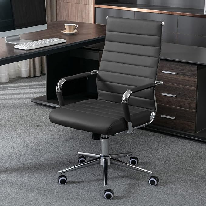 Okeysen Black Conference Room Chairs, Modern Ergonomic PU Leather Office Desk Chair Ribbed for Office, High Back Executive Swivel Rolling Task Chair for Home