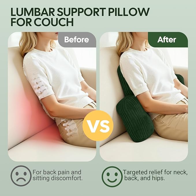 Lumbar Support Pillow for Recliner Chair/Couch/Car, Large Back Support Pillow for Office Chair for Elderly, Tufted Corduroy Back Cushion, Ideal for Pain Relief, Reading&Gaming, Green