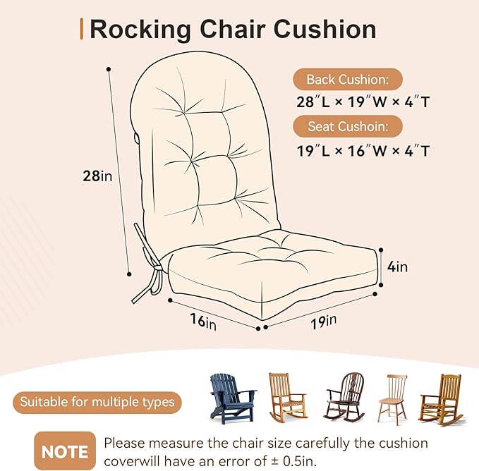 Rocking Chair Cushion - Velvet Fabric, High-Density Sponge, Durable Comfort Non-Slip Bottom Tufted Seat Pads with Ties, Velvet︱Oyster White, 44x19x4 inch