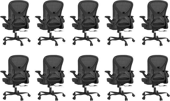 Ergonomic Mesh Office Chair, Computer Chair with Flip-Up Armrests, Adjustable Lumbar Support, Height Adjustable, Smooth Casters, and 360° Swivel, 10PC, Black