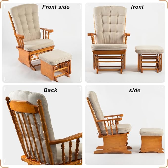 Anti-Pinch Solid Wood Hand Glider Rocking Chair Set with Ottoman, Padded Cushion, Rustic Rubber Wood Nursery Glider for Nursing, Relaxing, Living Room, Bedroom, Honey Colored