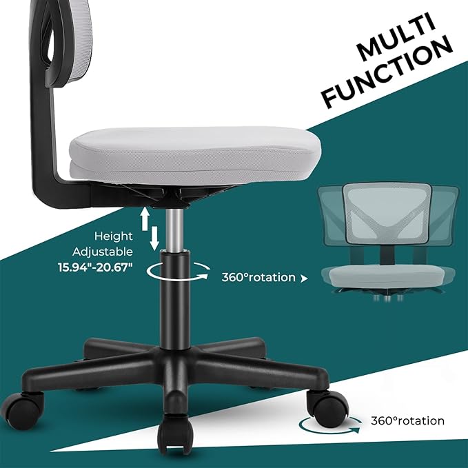 DUMOS Small Office Chairs with Wheels, Ergonomic Adjustable Home Desk Swivel Rolling Task Chair No Arms, Comfy Mesh Mid Back Computer Work Vanity Desk Chairs for Small Spaces, Dark Grey