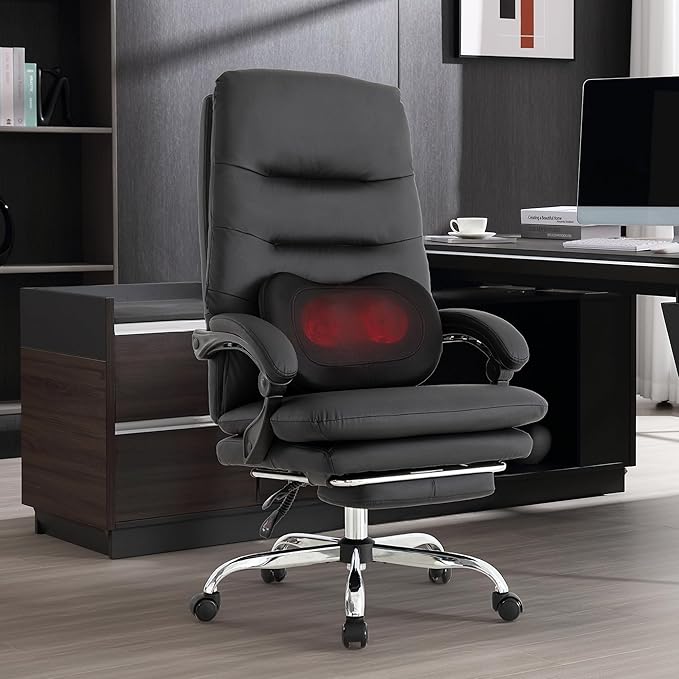 Kneading Massage Executive Office Chair with Heated,90-135° Reclining Chair with Footrest, Ergonomic Desk Chairs (Black with External Massager)