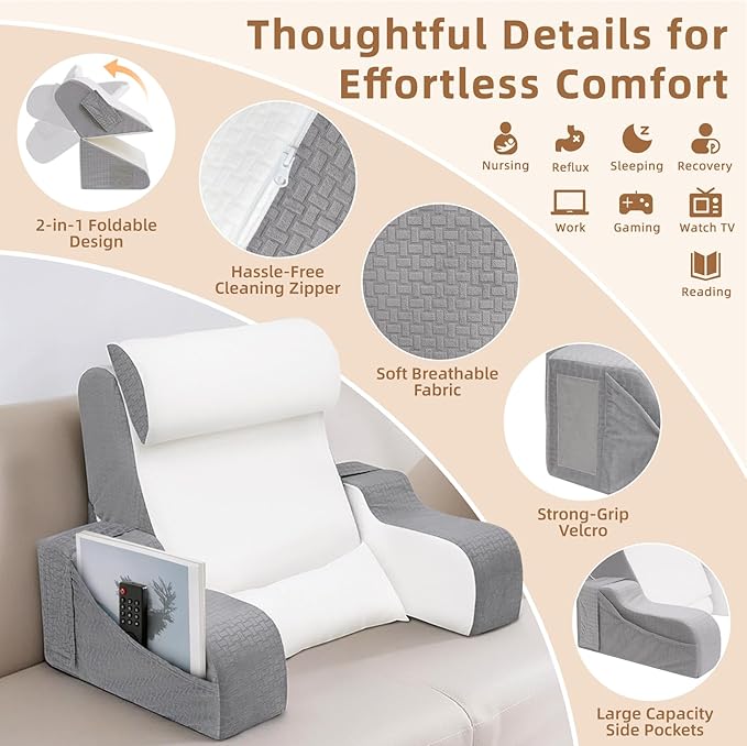 5PCS Reading Pillow for Sitting in Bed Adult, 2 in 1 Foldable Back Wedge Pillow for Sleep, Ergonomic Back Support Pillow with Arms for Watching TV, Gaming, Working, Recovery, 19” White/Grey