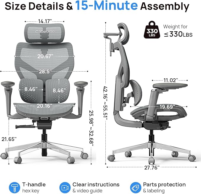 Ergonomic Office Chair with Lumbar Support - Over 10 Hours Sitting Comfortable, Mesh Big and Tall Home Computer Desk Chairs, 4D Headrest, 630° Armrst, Seat Depth Adjustable, 330 LBS