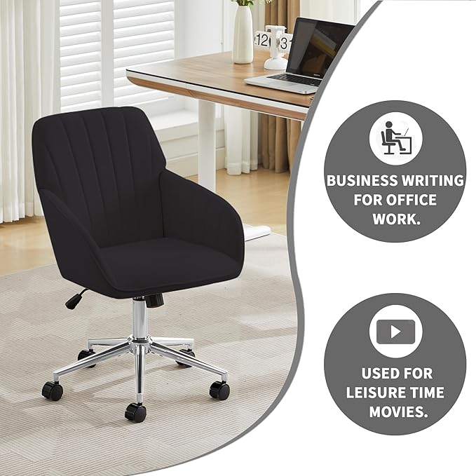 Velvet Home Office Desk Chair, Modern Cute Computer Task Chair with Back, Height Adjustable Upholstered Vanity Chair with Swivel Wheels for Women, Girls (Silver Base, Black