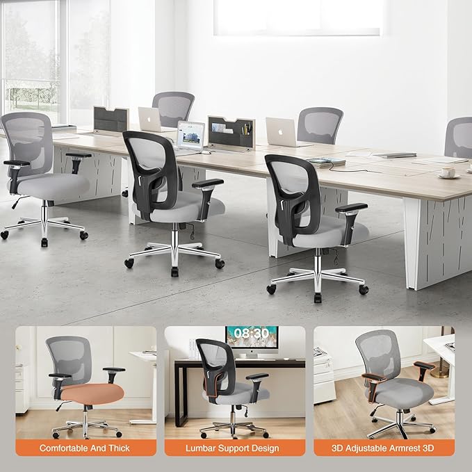 Sweetcrispy Big and Tall Office Desk Chair with Lumbar Support, 500lbs Heavy Duty Mesh Ergonomic Computer Chair with 4D Armrest and Wide Comfy Seat, 360° Swivel Wheels for Adult, Grey