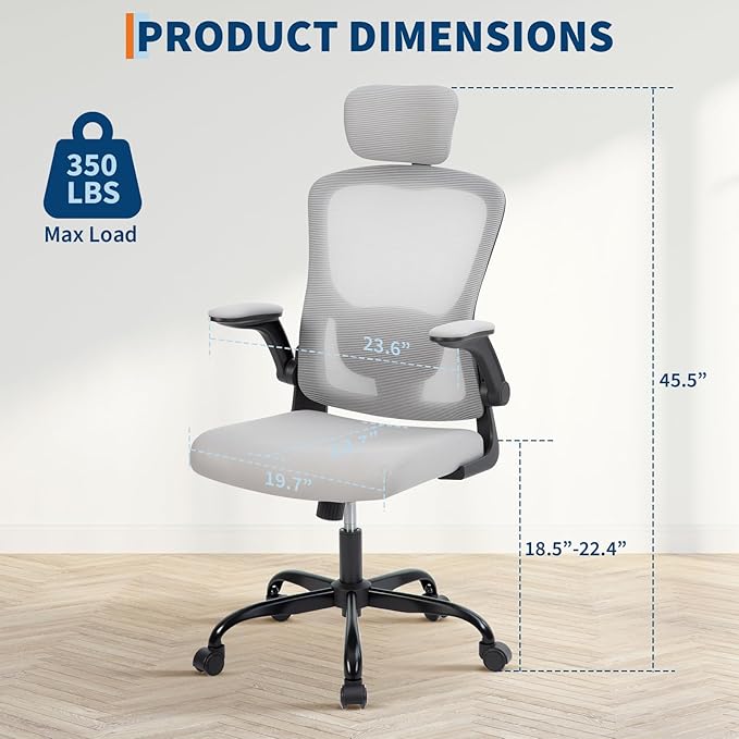 Premium Ergonomic High-Grey Mesh Office Chair - Adjustable Headrest & Reclining Backrest, 360° Swivel - Silent Casters, Skin-Friendly & Durable - Ideal for Bedroom, Dorm & Small Spaces