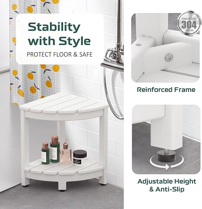 Corner Shower Stool for Inside Shower, HDPE Waterproof Shower Bench Seat Chair, Plastic Bath Shower Stool for Shaving Legs Foot Rest with Storage Shelf, Adjustable & Non-Slip Feet, White
