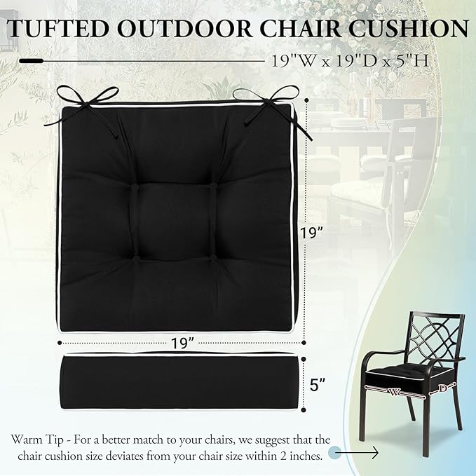 Wellsin Outdoor Chair Cushions Set of 2, Patio Cushions for Outdoor Furniture, Tufted Waterproof Outdoor Chair Pads, 19" x 19", Black