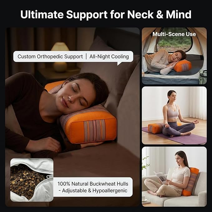 Adjustable Buckwheat Hull Pillow for Neck Pain Relief (21x8x4in) Natural Cooling Cervical Support Bed Pillow for Side & Back Sleepers with Night Sweats (Orange)