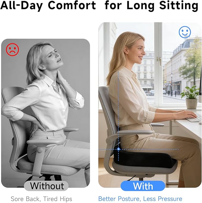 Donut Pillow Seat Cushion for Tailbone and Coccyx Comfort, Memory Foam Donut Cushion with Center Cutout, Large Medium-Firm Chair Cushion for Long Sitting, Office Chairs & Desk Chairs, Black