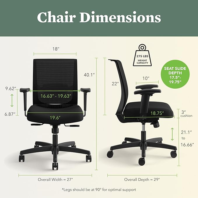 HON Convergence Ergonomic Office Chair with Mesh Back, Adjustable Arms, Lumbar Support, Synchro‑Tilt Desk Chair with Wheels for Home Office or Computer Use, Black Frame, Fog
