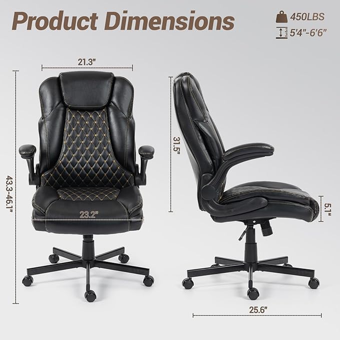 Executive Office Chair Big and Tall 400LBS - Ergonomic Comfy Heavy Duty Extra Wide Seat Home Office Desk Chair w/Flip Arm Rest, Rocking Function, Lumbar Support, Black