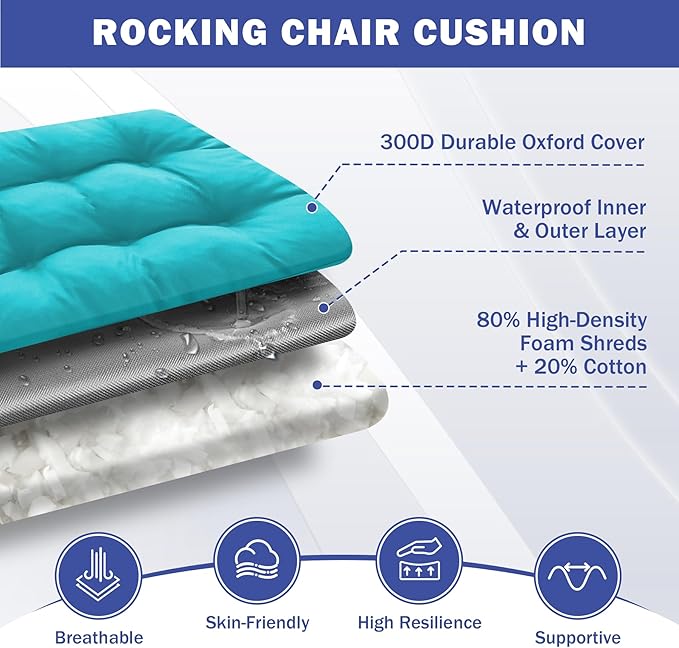 IPYNBAP Rocking Chair Cushion, Waterproof and Fade-Resistant Patio Chair Cushions, Tufted Chair Pads for Rocker Furniture, 18x18 Inch, Indoor/Outdoor Seat Cushions with Ties, Teal Blue