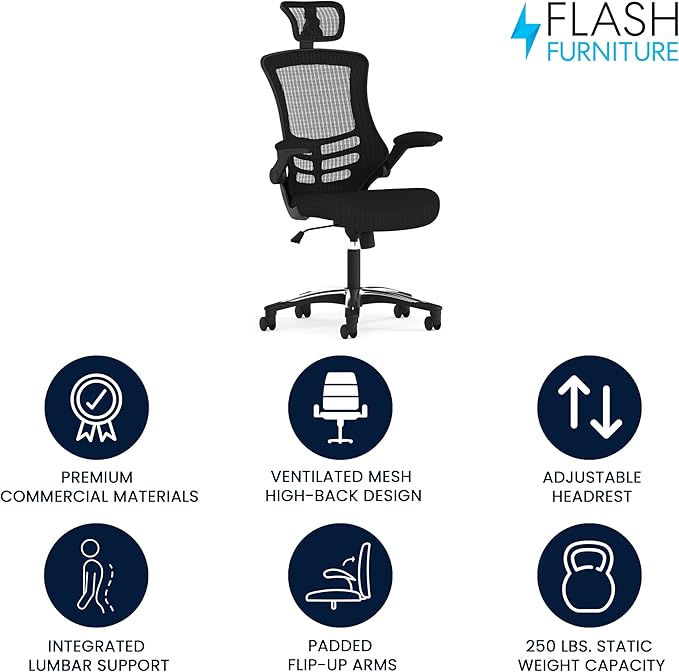 Flash Furniture Kelista High-Back Swivel Office Chair with Adjustable Lumbar Support and Seat Height, Ergonomic Mesh Desk Chair, Black