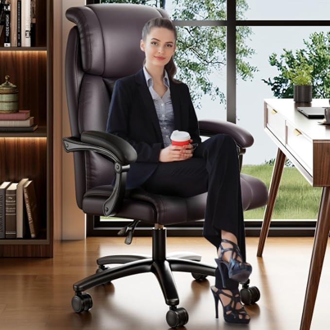 Ollega Reclining Office Chair, Executive Big and Tall Office Chair with Wide Seat, Recliner Leather High Back Computer Desk Chairs (Brown)