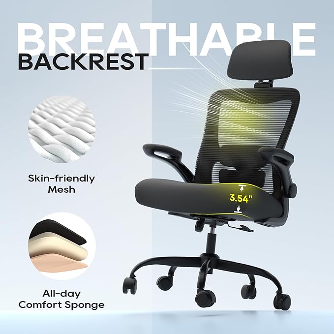 Office Chair, Ergonomic Mesh Desk Chair with Adjustable Lumbar Support and Headrest, Flip-up Armrests, High Back Computer Task Chair for Home and Executive Office (B-All Black)