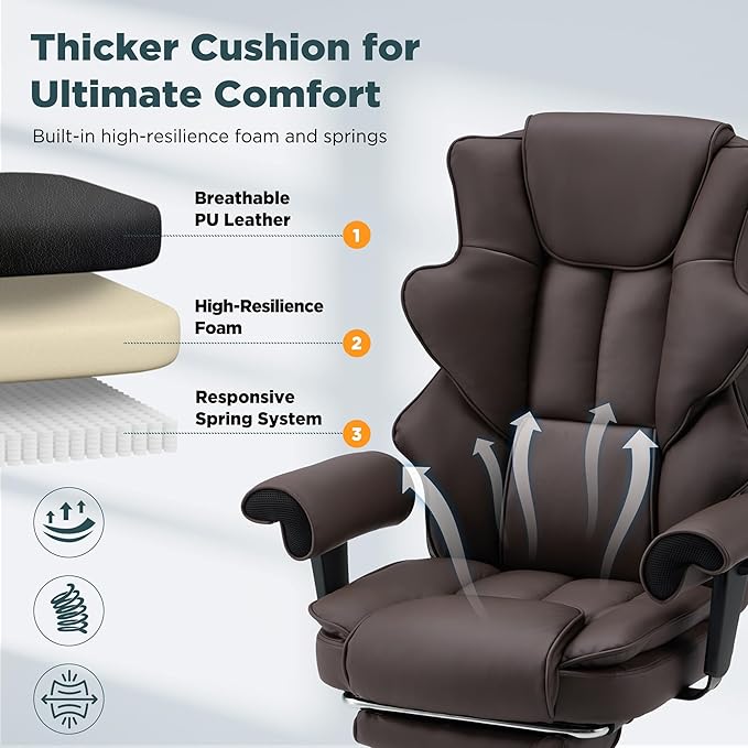 HOMREST Brown Ergonomic Office Chair with 6-Point Vibration Massage & Heat – Reclining Executive Chair with Adjustable Footrest and Armrests, PU Leather Big and Tall Home Office Desk Chair