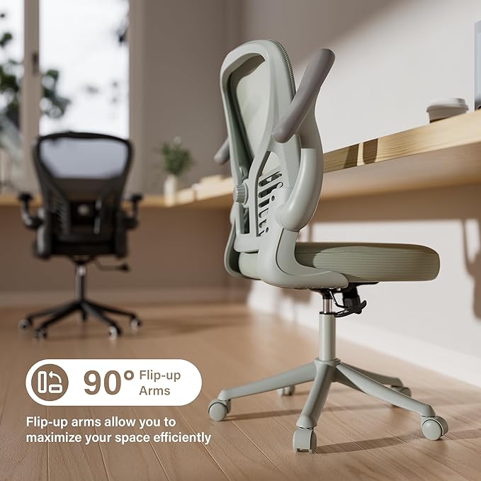 GYI Ergonomic Office Chair, Mesh Desk Chair with Adjustable Lumbar Support and 3D Flip-up Arms, Computer Chair with Wheels, All Grey