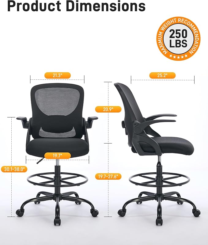 LukkDys Drafting Chair with 4D Multi-Adjustable Backrest, Tall Office Chair 19.7"-27.6" Seat Height, Ergonomic Standing Desk Chair with Flip-up Arms, Foot Ring, Black