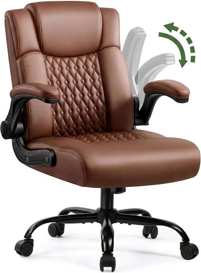 Office Chair PU Leather, Ergonomic Computer Desk Chair with Lumbar Support, Executive Leather Chair with Wheels & Flip-up Armrest, Small Home Office Desk Chair for Short People Use, Brown