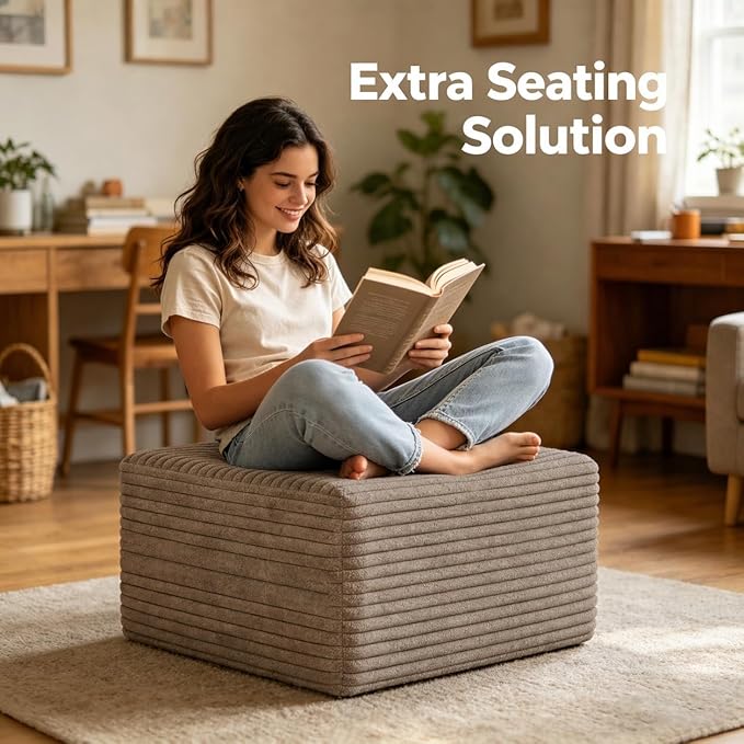25.6" Ottoman Foot Rest for Couch，Plush Corduroy Rectangle Ottomans,Upholstered Memory Foam Couches Ottomans - Compressed Sofa in a Box No Assembly Require,Camel