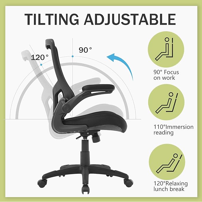 PayLessHere Office Chair Ergonomic Mesh Back Computer Chair Breathable Lumbar Supports Flip Up Armrest with Adjustable 360 Degree Desk Chair for Home Office Gaming (Black)