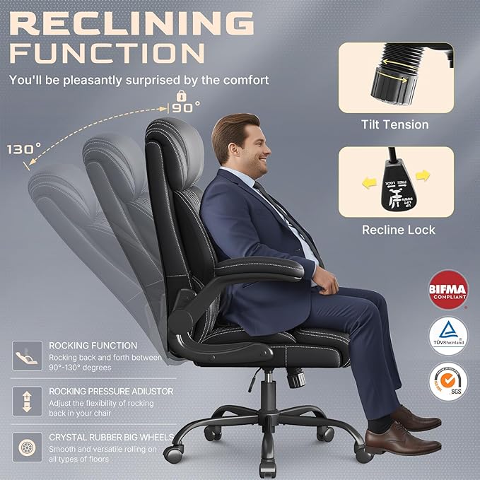 Office Chair-Executive High Back Breathable Comfy Desk Chair with Flip-up Armrests Lumbar Support-Ergonomic Leather Rolling Swivel Chair with Rock Function for Working,2 Pack