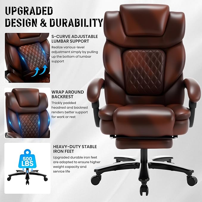 Big and Tall Recliner Office Chair with Footrest, Wide Seat Heavy Duty Reclining Office Desk Chair for 500lbs Heavy People, Black Brown