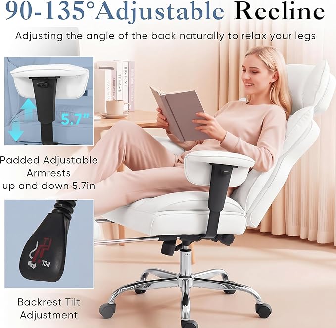 DUMOS Big and Tall Home Office Desk Chair, Gaming Computer Chair, Executive Ergonomic Chair with Footrest, High Back Reclining, Adjustable Armrests and Comfy Lumbar Support, PU Leather, White