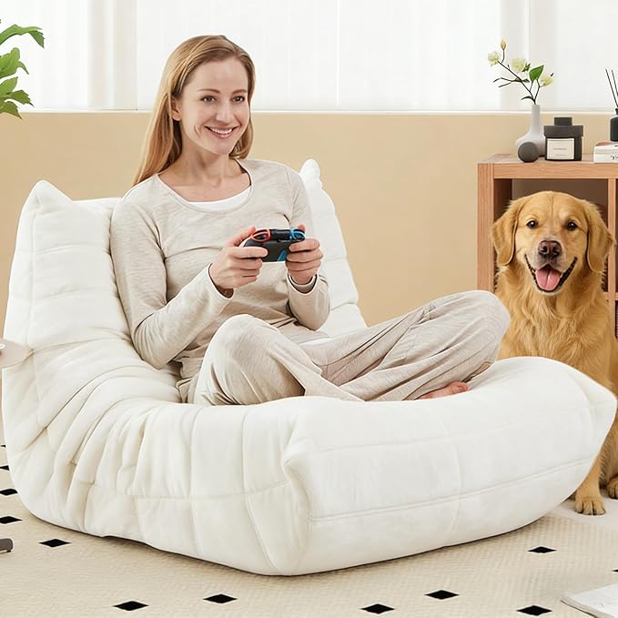 Trenda Bean Bag Chairs for Adults - Comfy Foam Bedroom Floor Sofa, Adult Size with Soft Velvet Boneless Beanbag Couch, Versatile for Living Room, Dorm, College,Reading & Gaming (White)
